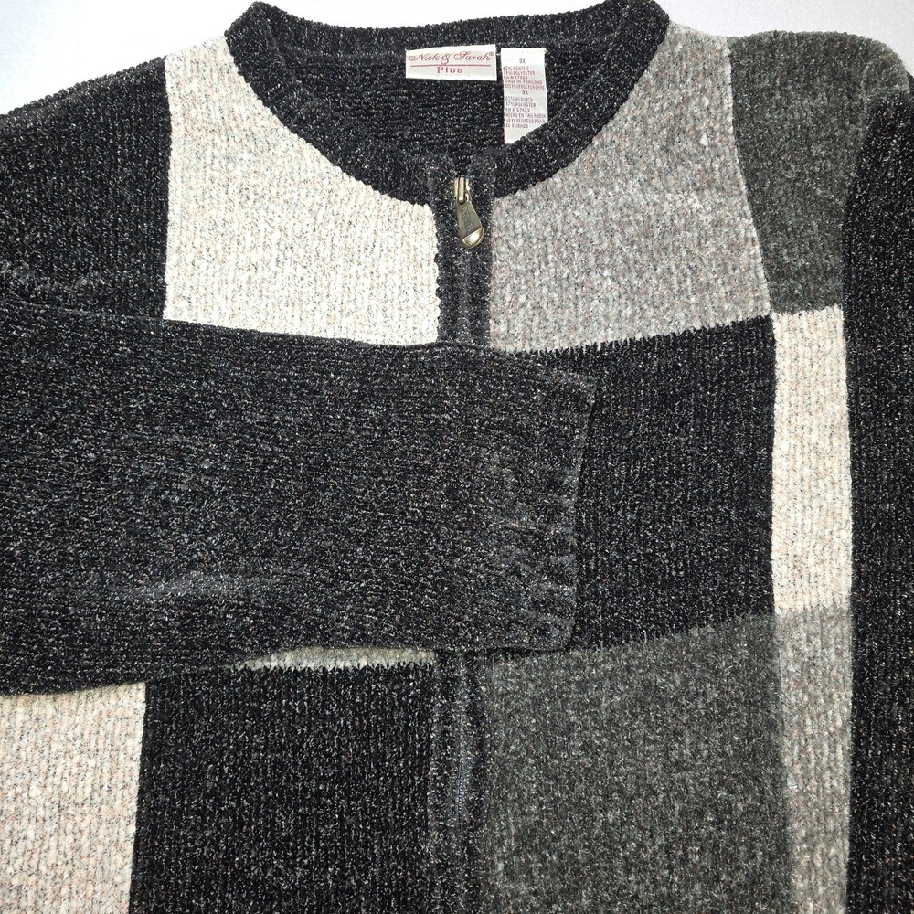 Nick & Sarah Plus 3X Zip-Up Jacquard Sweater Black Gray Chunky‎ Knit Grandmacore